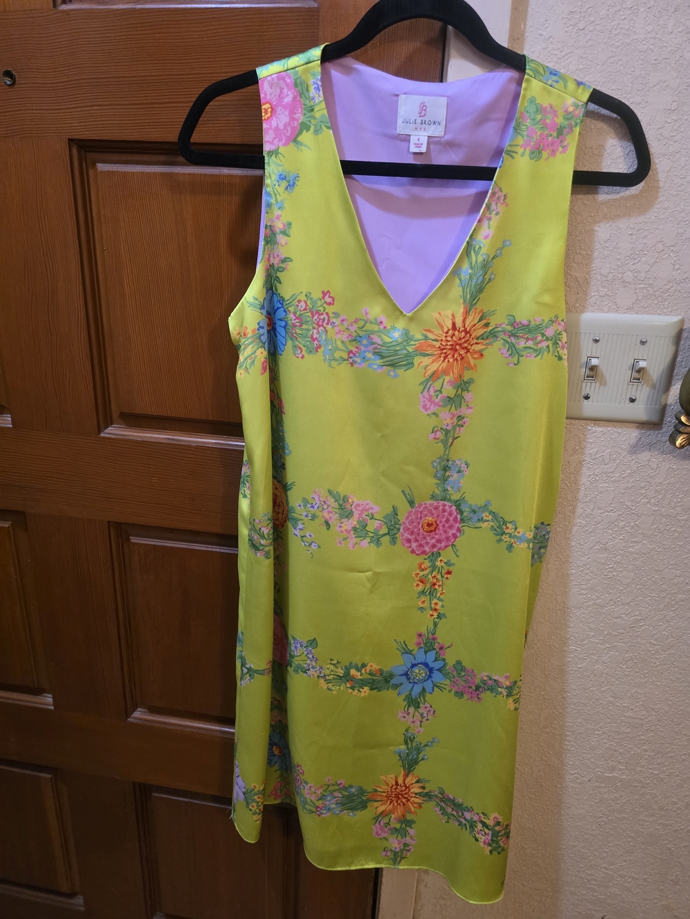 Anne Klein Lime Green Floral V-Neck Shift Dress with Pink and Blue Accents